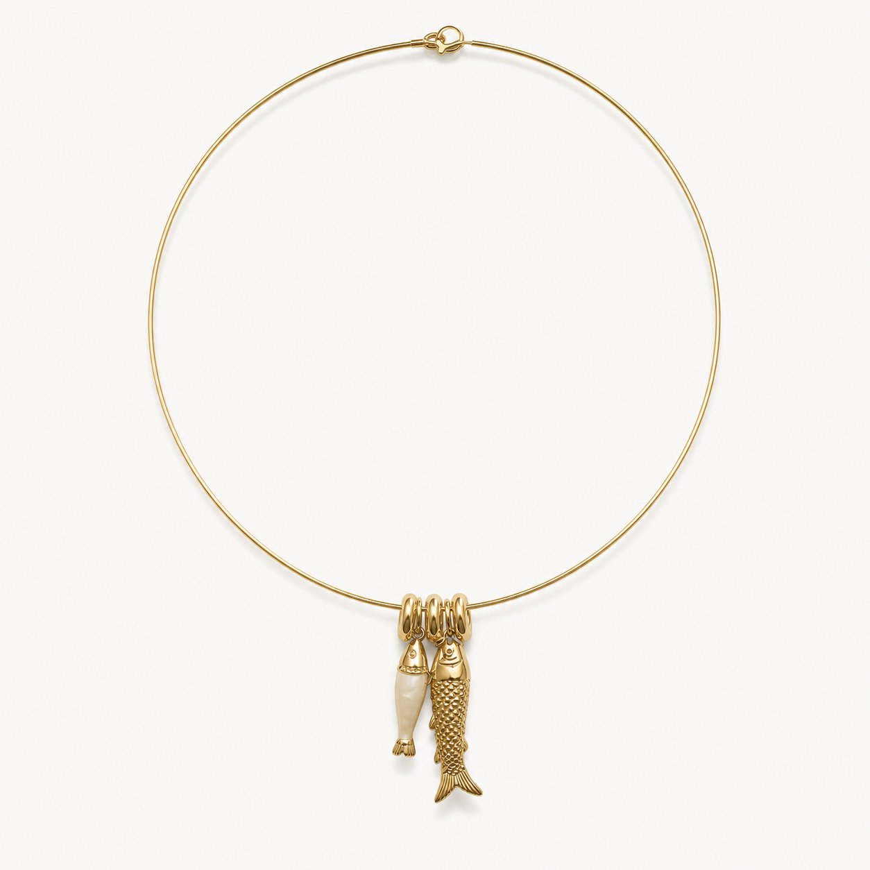 Gold double fish charm collar necklace