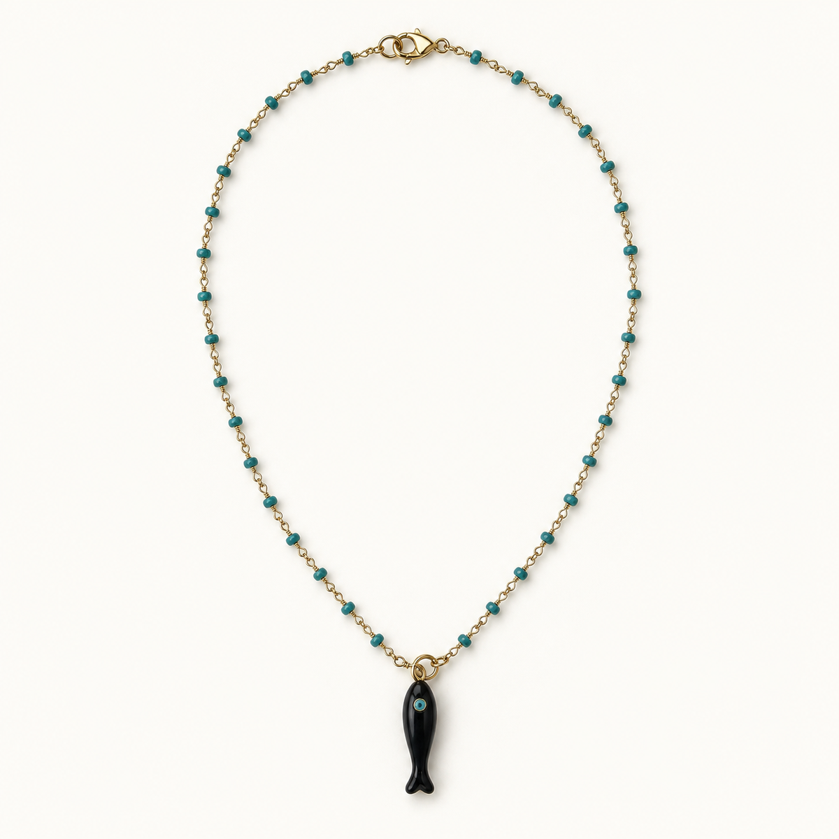 GOLD WIRE WRAP BEAD NECKLACE WITH BLACK FISH CHARM*