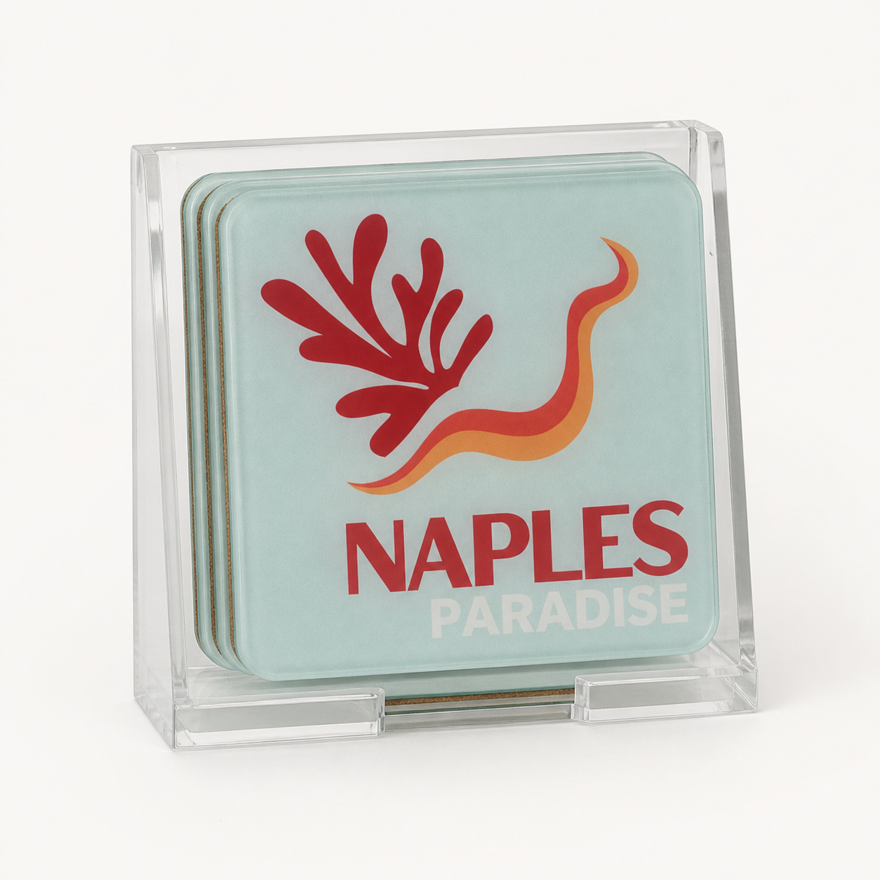 Naples Paradise set of four coasters in clear acrylic holder