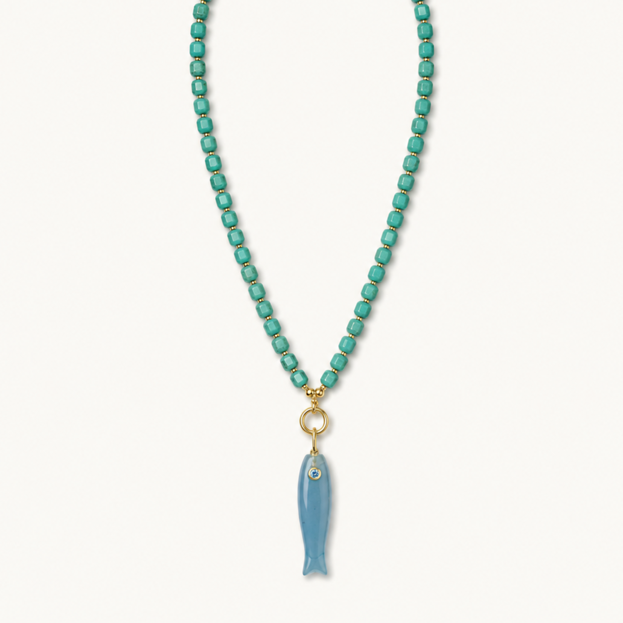 Pendant-focused turquoise square bead necklace with blue fish pendant — SKU MRD633