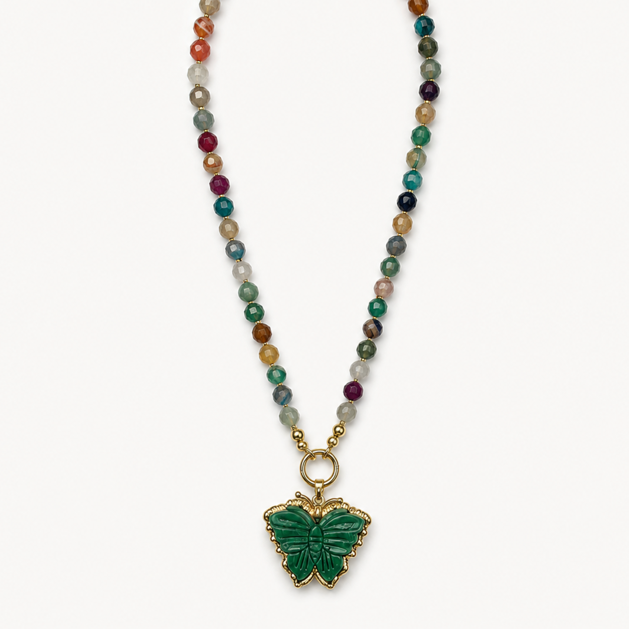 Pendant-focused multicolor bead necklace with green butterfly pendant — SKU MRD636