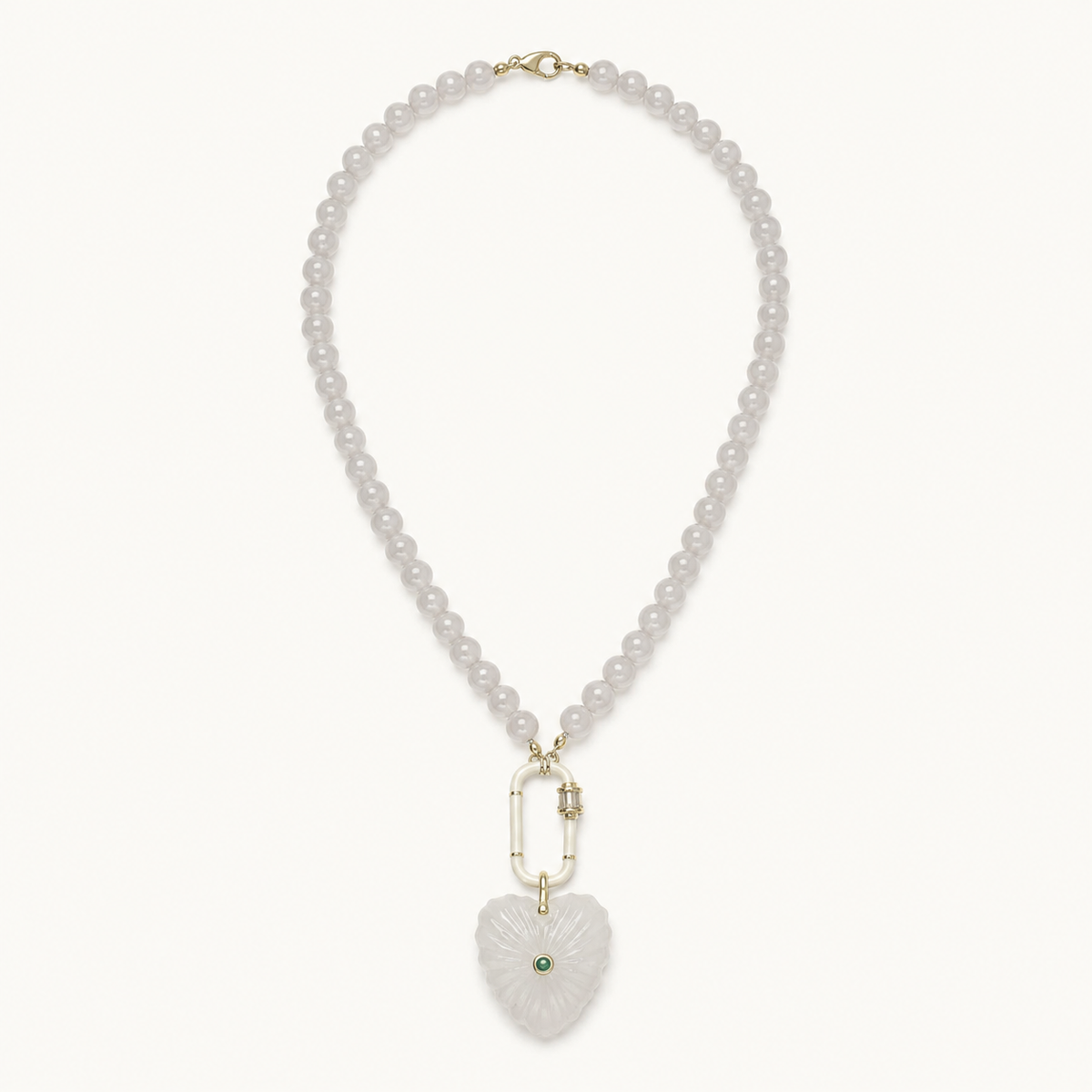 WHITE JADE RONDELLE BEAD NECKLACE WITH CARVED HEART PENDANT*