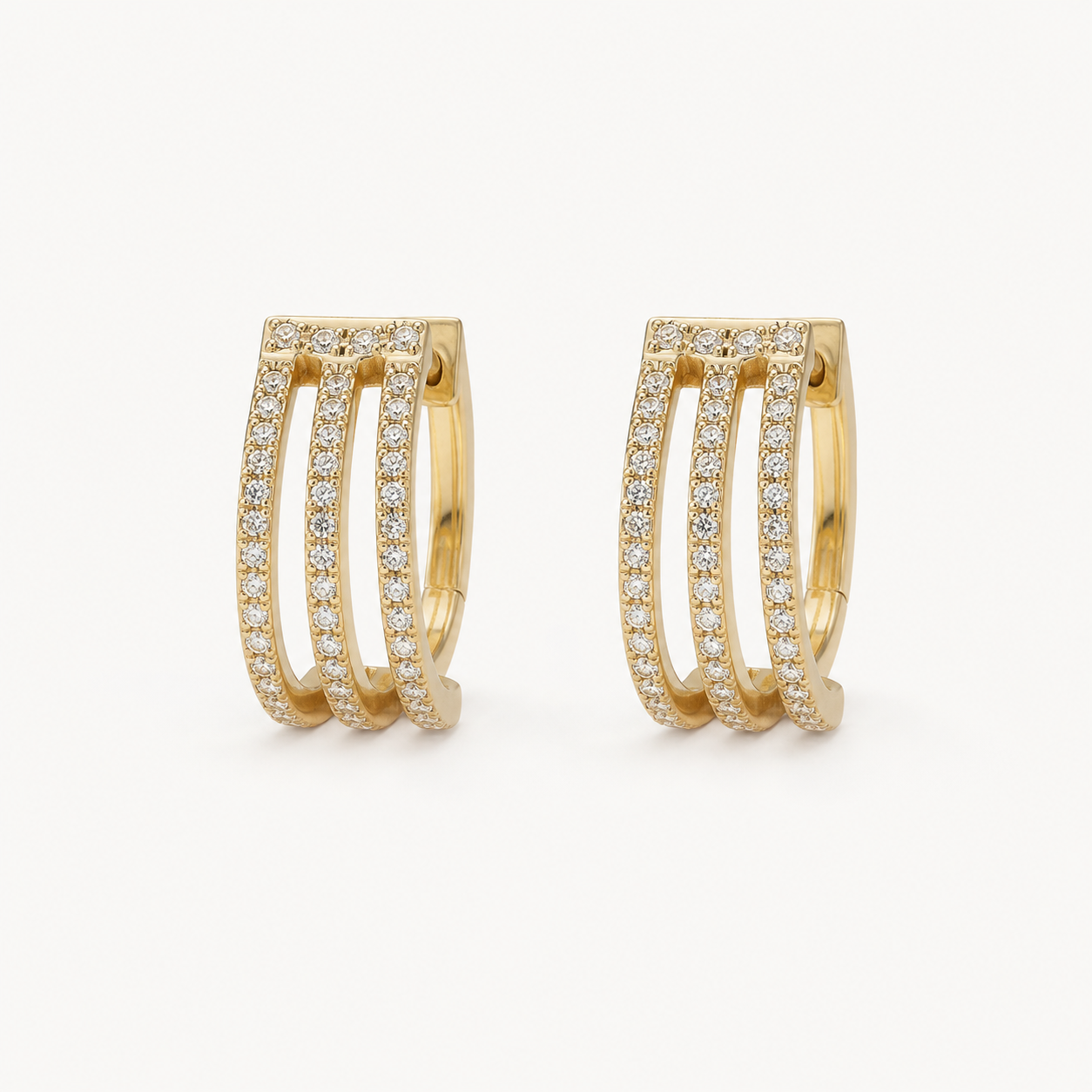 14k three-row diamond huggie earrings