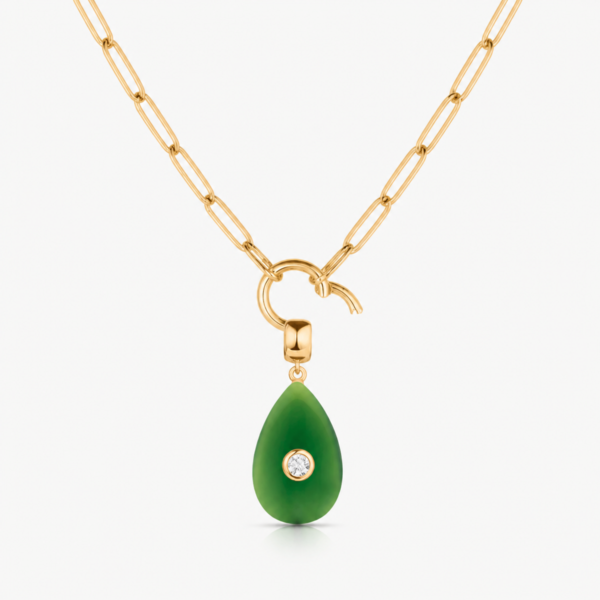 green jade smooth teardrop charm shown on a gold paperclip charm necklace