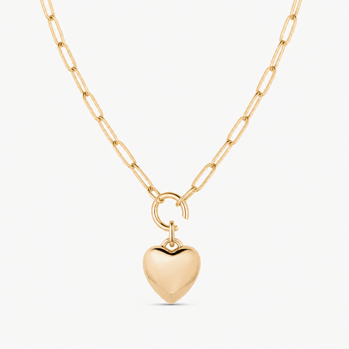 puffy heart clip charm shown on a gold paperclip charm necklace