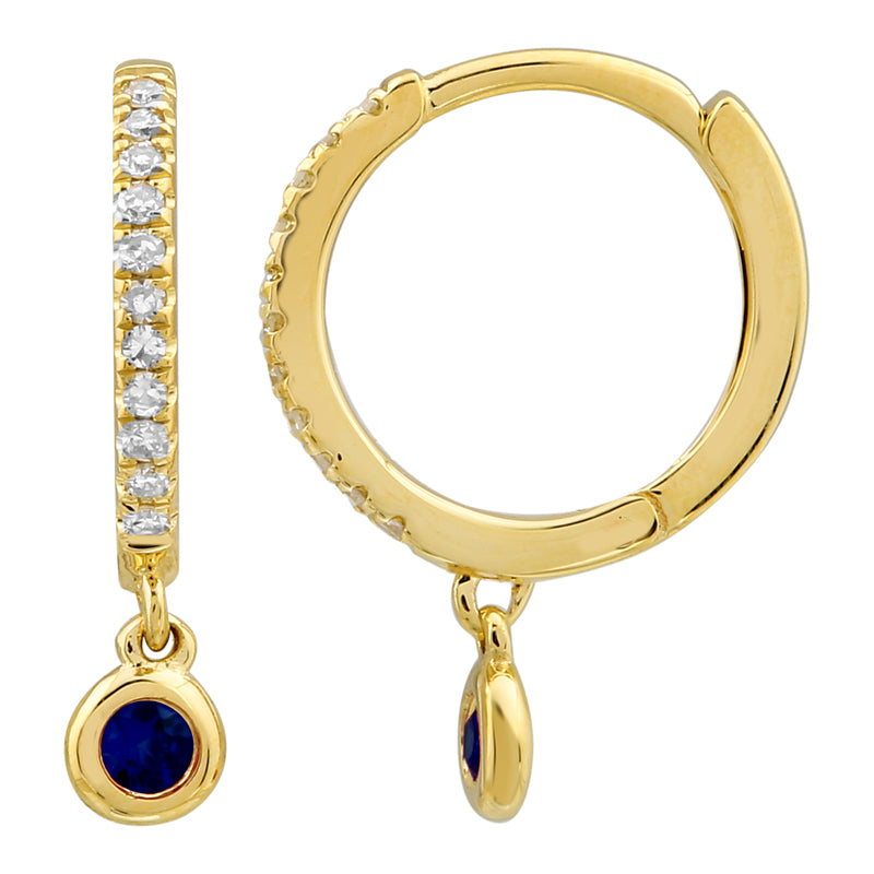 GOLD AND DIAMOND HOOPS WITH DANGLING SAPPHIRE