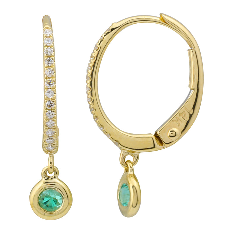 GOLD AND DIAMOND EARRINGS WITH DANGLING EMERALD