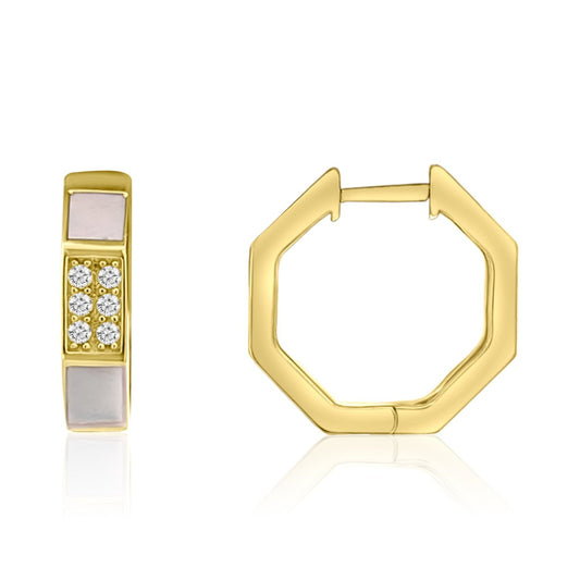 GOLD,DIAMOND,& MOTHER OF PEARL HOOP EARRING