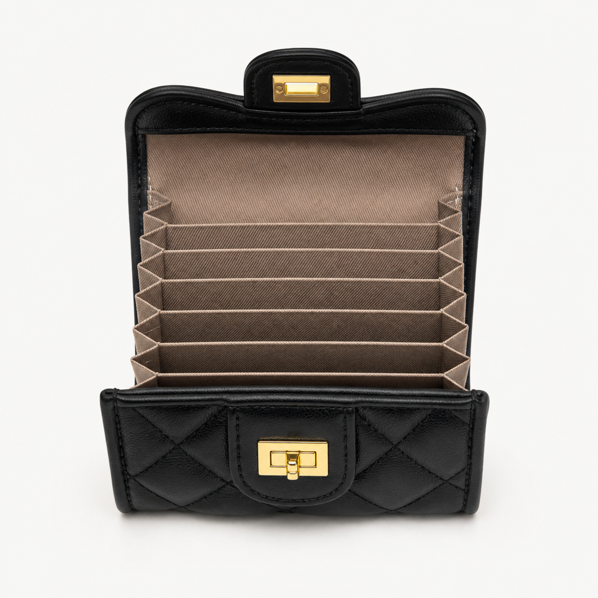 BLACK QUILTED CARD WALLET — open interior