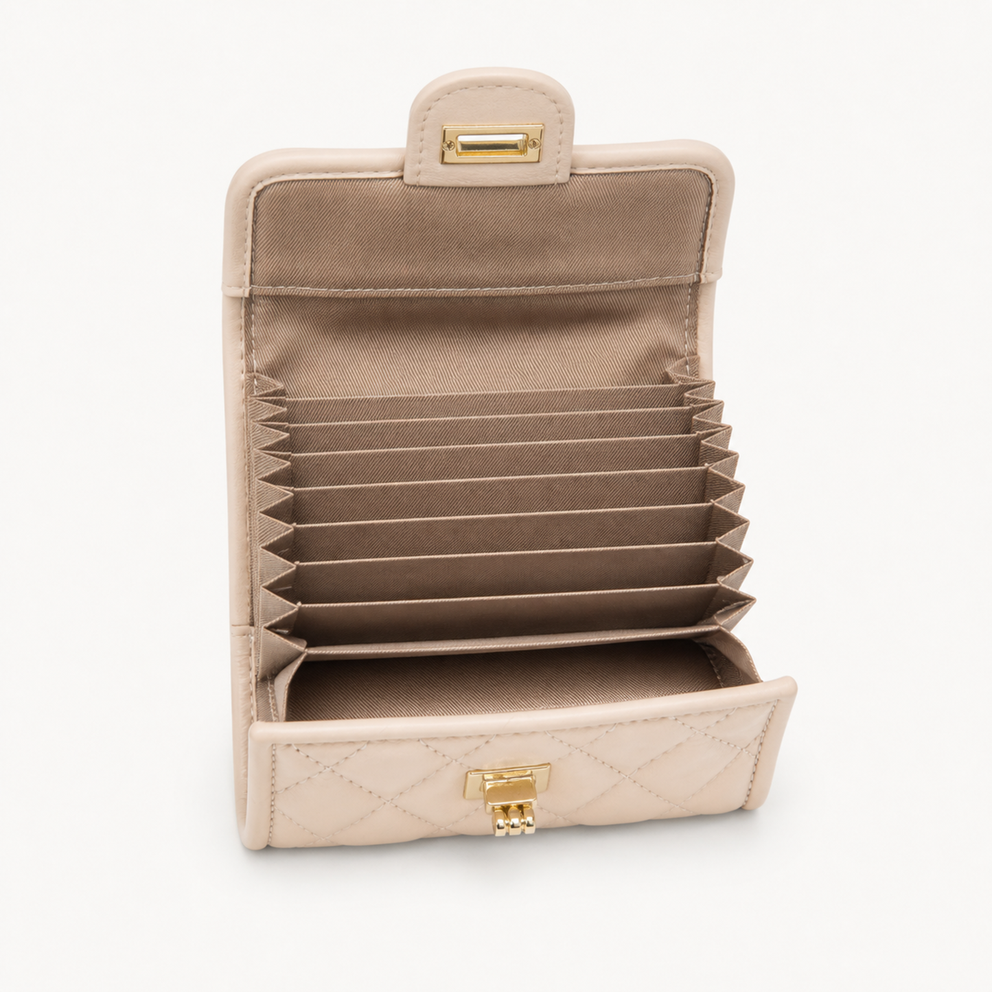ROSE GOLD QUILTED CARD WALLET — open interior