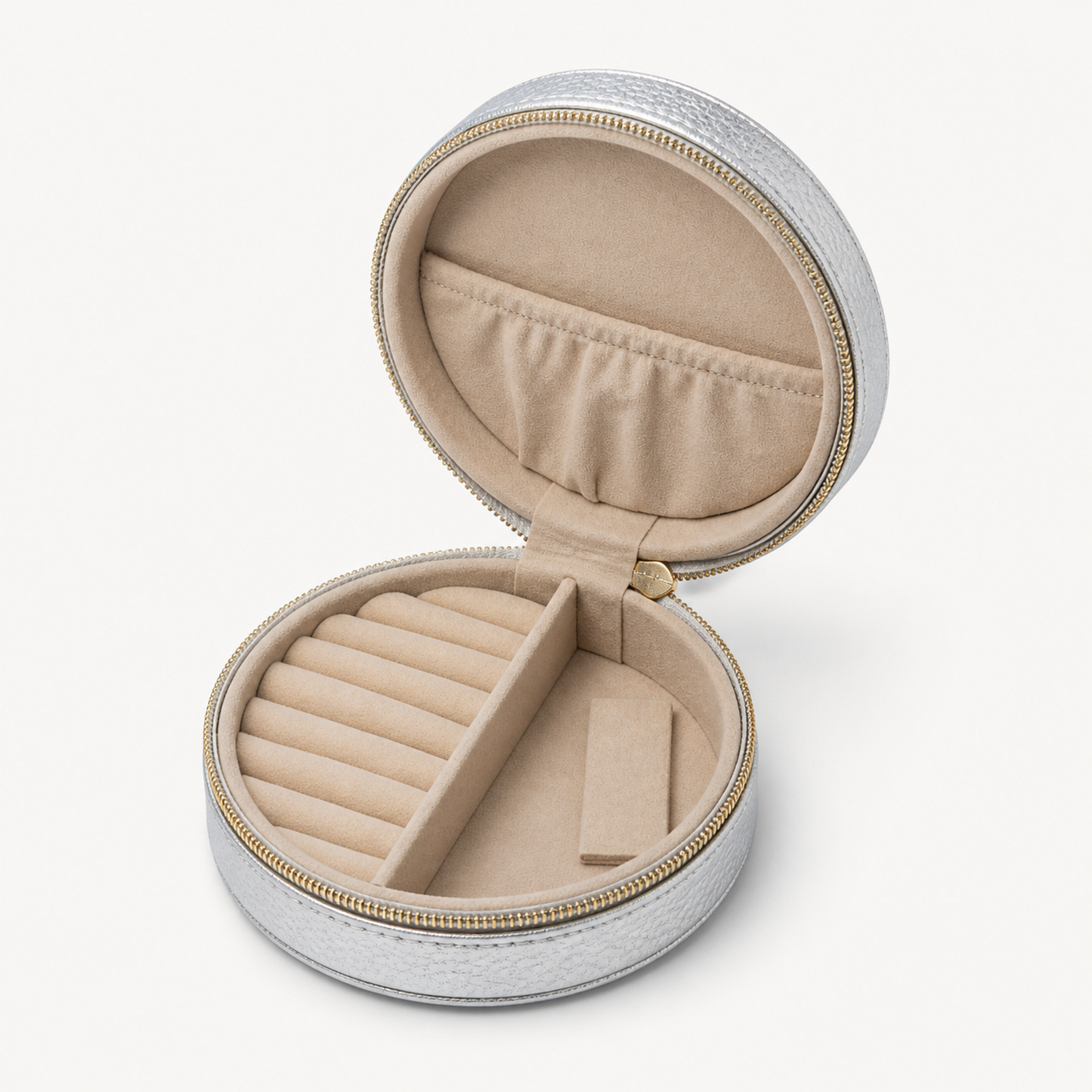 SILVER ROUND QUILTED JEWELRY CASE