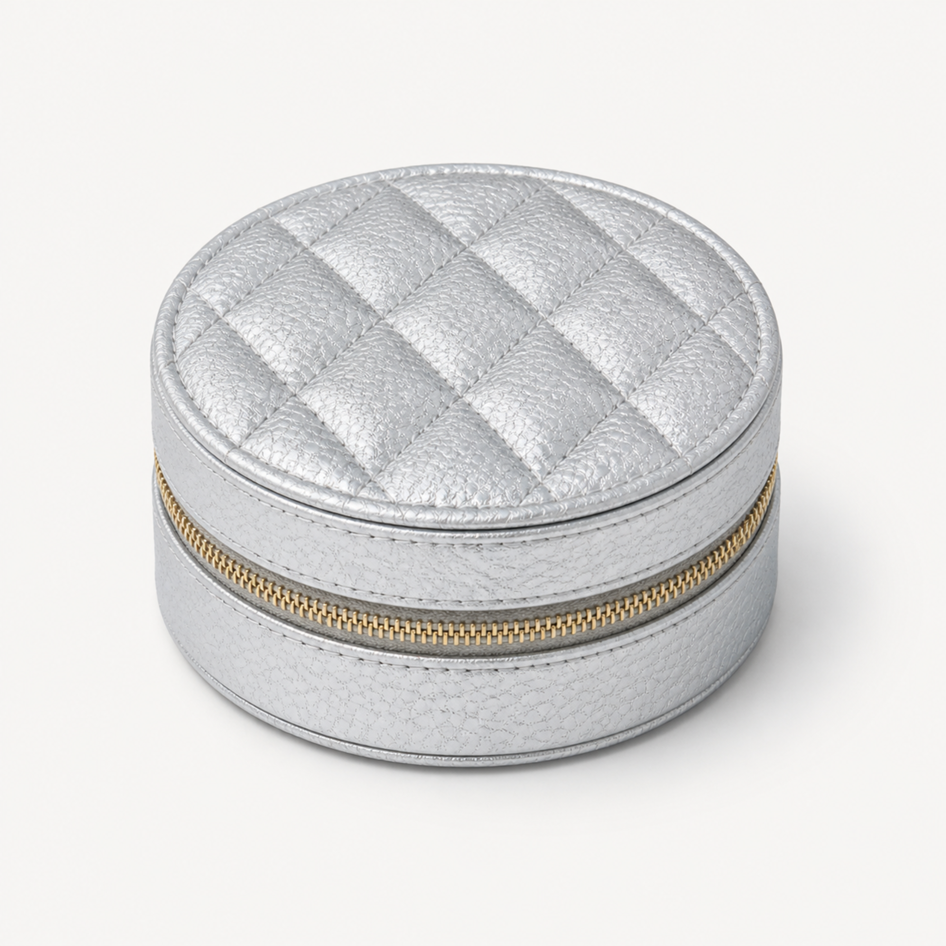 SILVER ROUND QUILTED JEWELRY CASE — closed