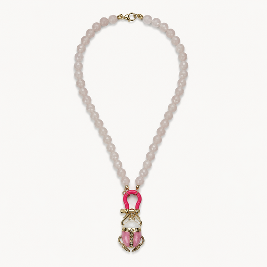 ROSE QUARTZ RONDELLE BEAD NECKLACE WITH PAVÉ PENDANT*