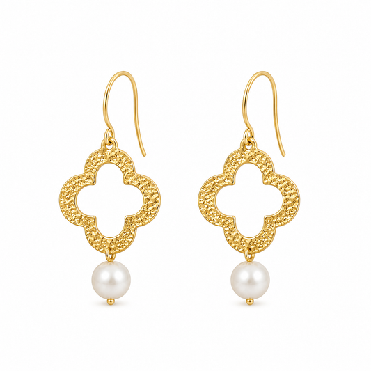 Textured gold clover earrings with centered pearl drops