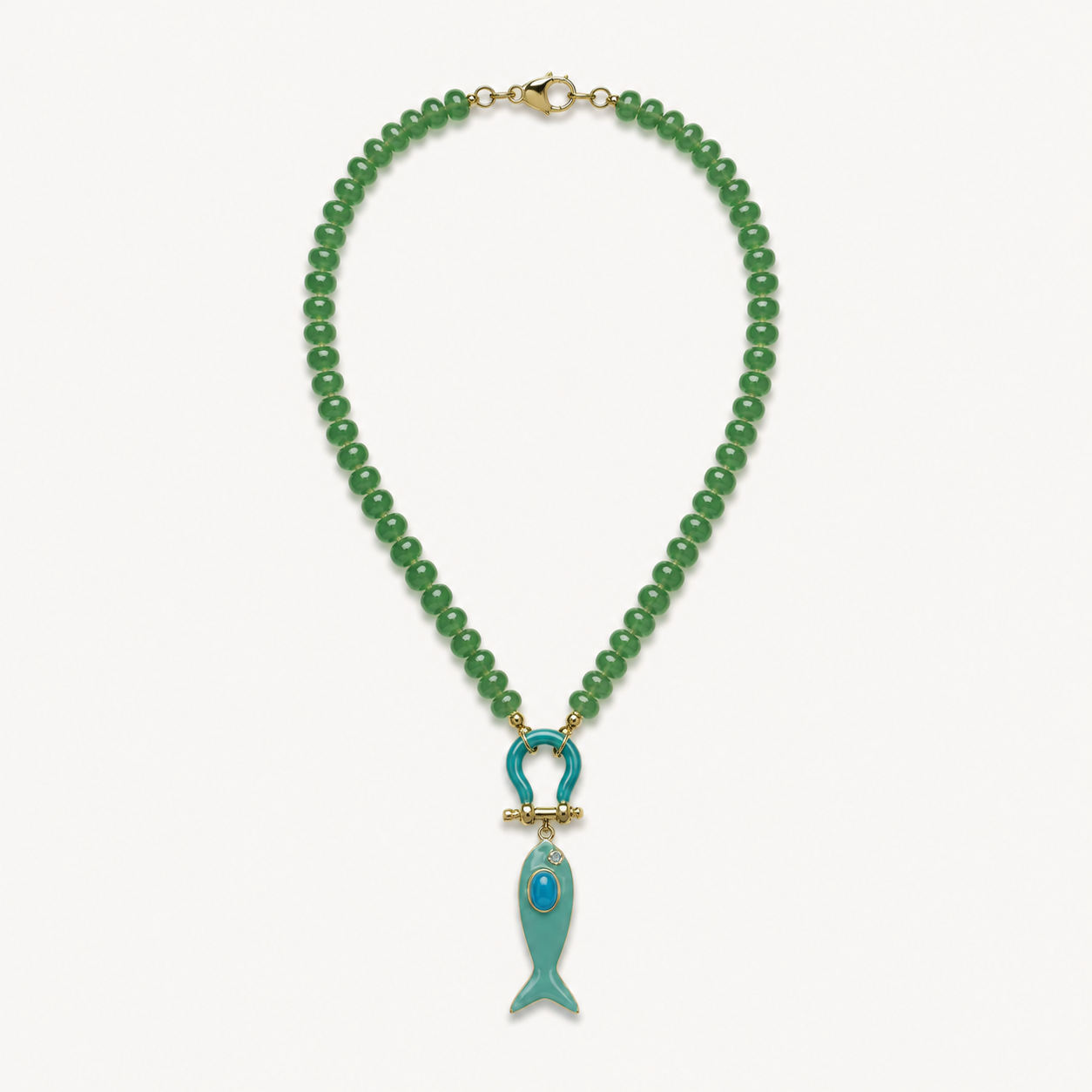 GREEN AVENTURINE RONDELLE BEAD NECKLACE WITH TURQUOISE FISH PENDANT*