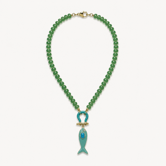 GREEN AVENTURINE RONDELLE BEAD NECKLACE WITH TURQUOISE FISH PENDANT*