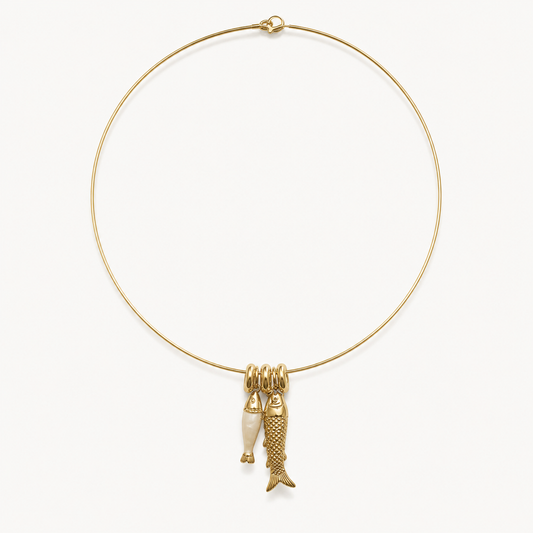 Gold double fish charm collar necklace