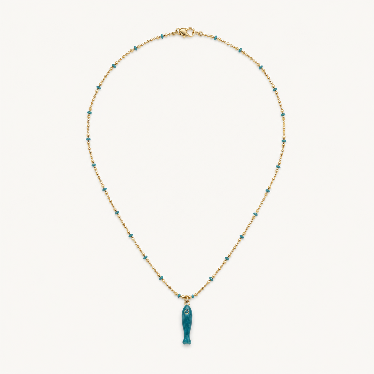 GOLD BALL CHAIN NECKLACE WITH TEAL BEAD STATIONS AND FISH CHARM*