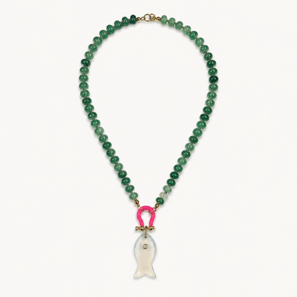 GREEN AVENTURINE RONDELLE BEAD NECKLACE WITH WHITE FISH PENDANT*