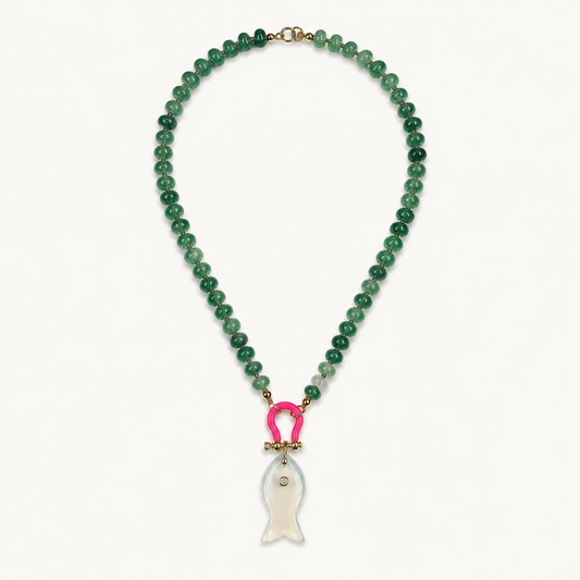 GREEN AVENTURINE RONDELLE BEAD NECKLACE WITH WHITE FISH PENDANT*