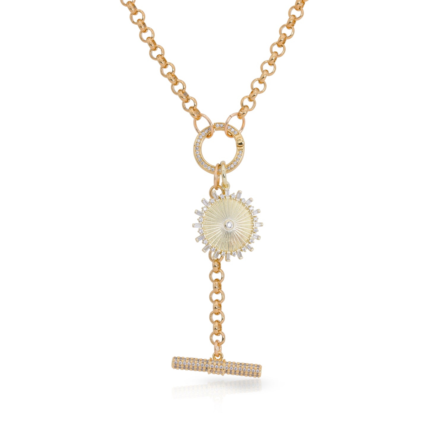 GOLD NECKLACE WITH DROP BAR AND DISC CHARM