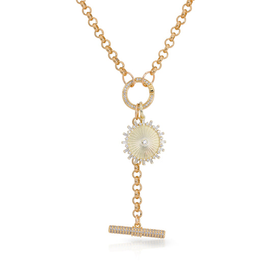 GOLD NECKLACE WITH DROP BAR AND DISC CHARM