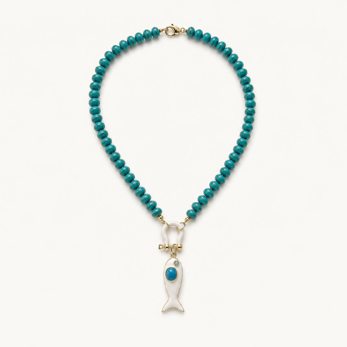 TURQUOISE BEAD NECKLACE WITH WHITE FISH PENDANT*