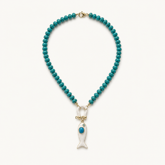 TURQUOISE BEAD NECKLACE WITH WHITE FISH PENDANT*