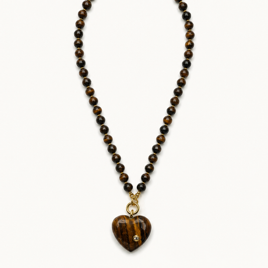 Pendant-focused brown faceted bead necklace with striped heart pendant — SKU IZZ193
