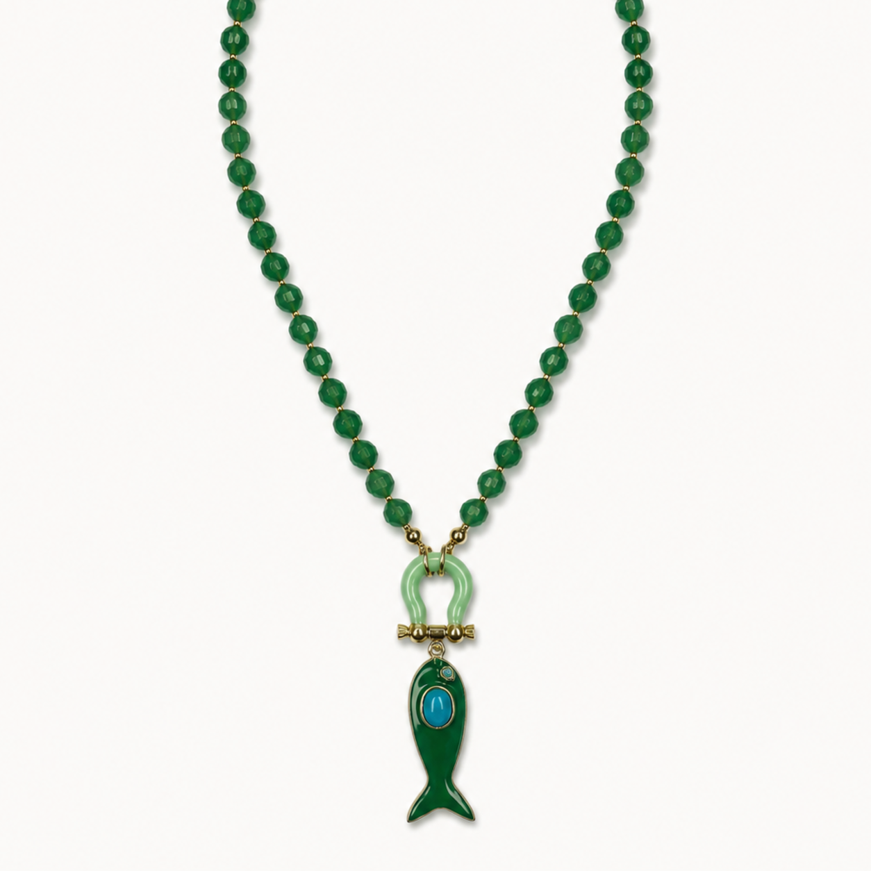 Pendant-focused green bead necklace with blue-green fish pendant — SKU IZZ200