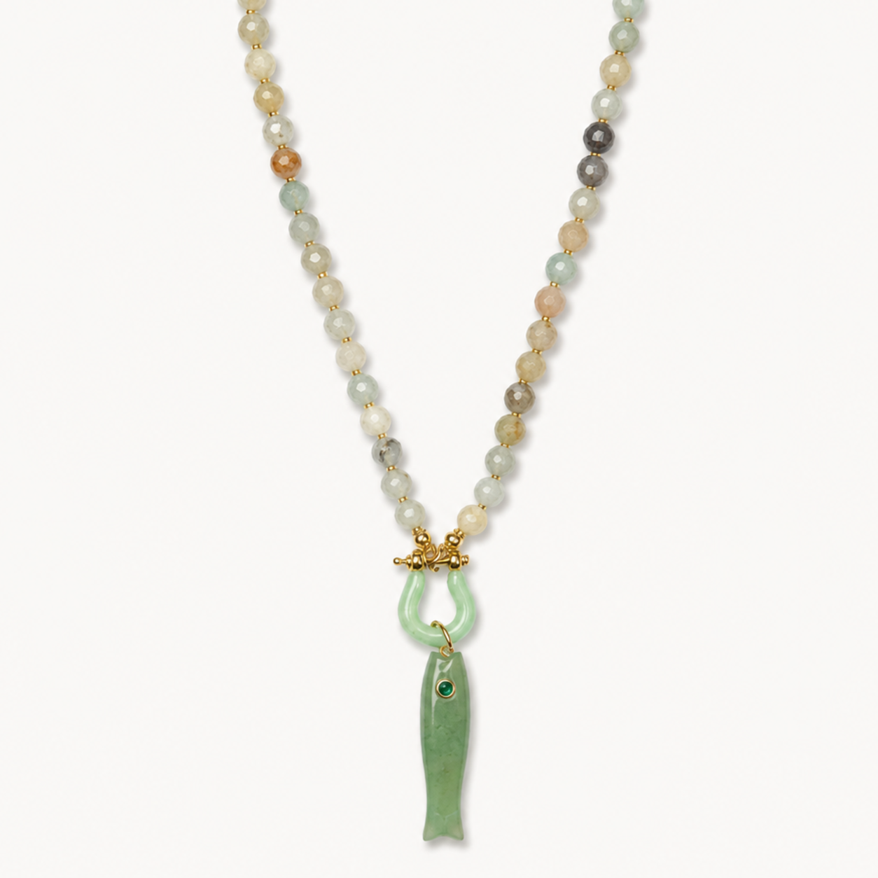 Pendant-focused multicolor bead necklace with green fish pendant — SKU IZZ229