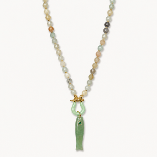 Pendant-focused multicolor bead necklace with green fish pendant — SKU IZZ229