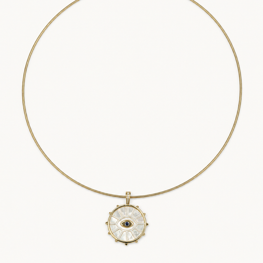 Pendant-focused flexible gold-tone choker with evil eye medallion — SKU IZZ278