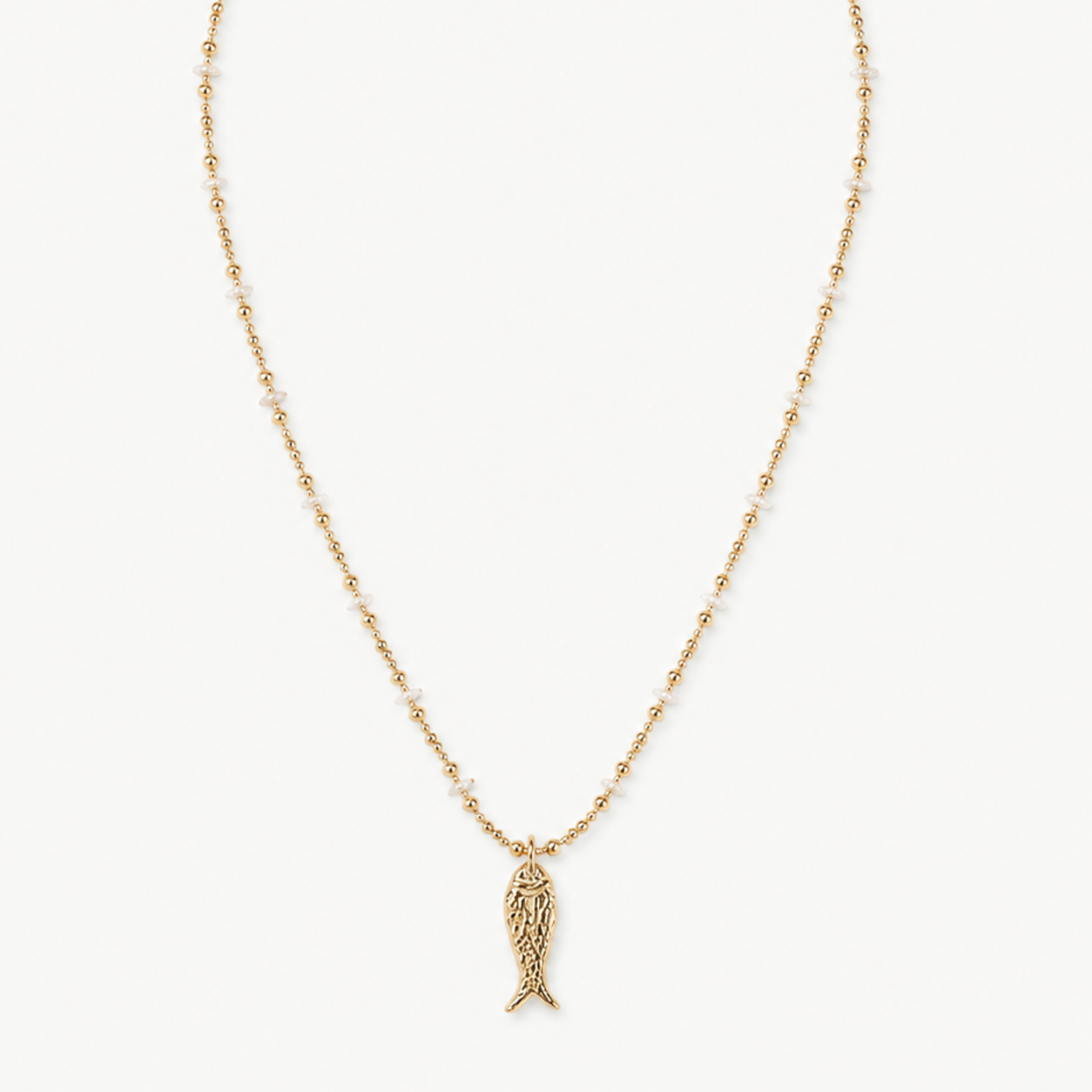 Pendant-focused delicate white and turquoise bead necklace with fish charm — SKU IZZ286