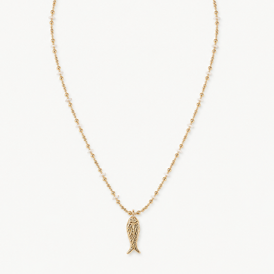 Pendant-focused delicate white and turquoise bead necklace with fish charm — SKU IZZ286