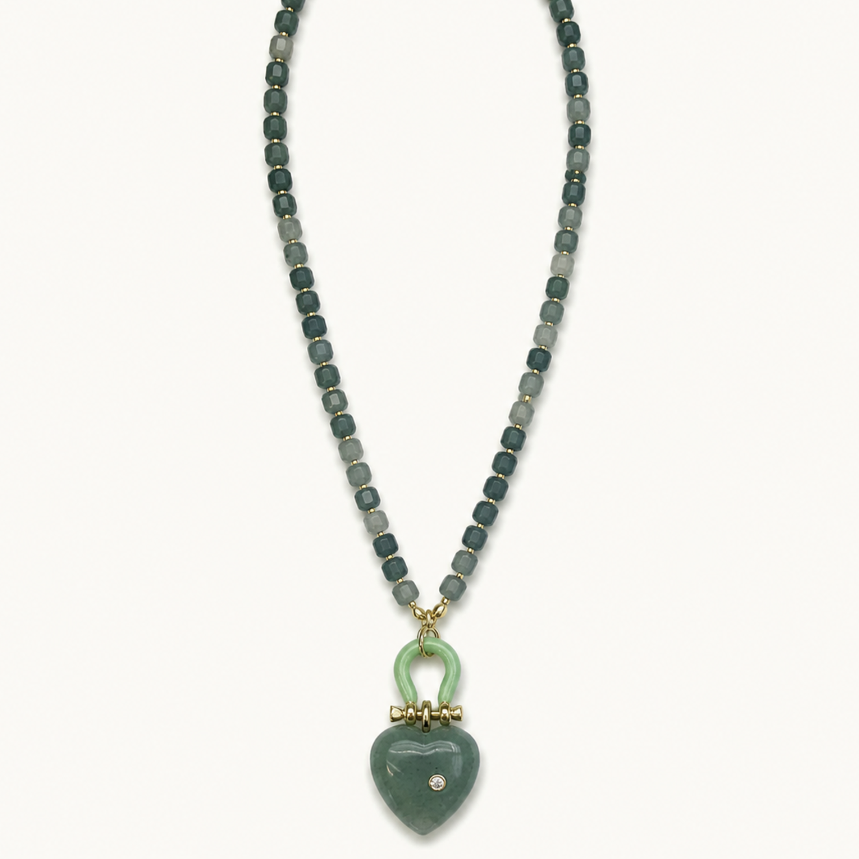 Pendant-focused blue-gray square bead necklace with heart pendant — SKU IZZ290