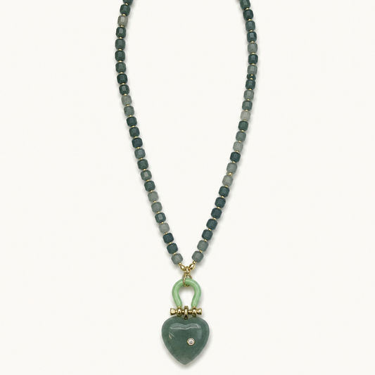 Pendant-focused blue-gray square bead necklace with heart pendant — SKU IZZ290