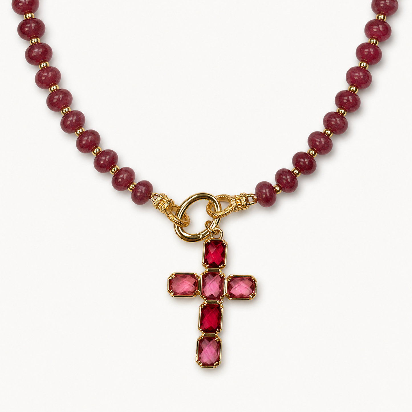 RED BEAD PINK STONE CROSS NECKLACE product image