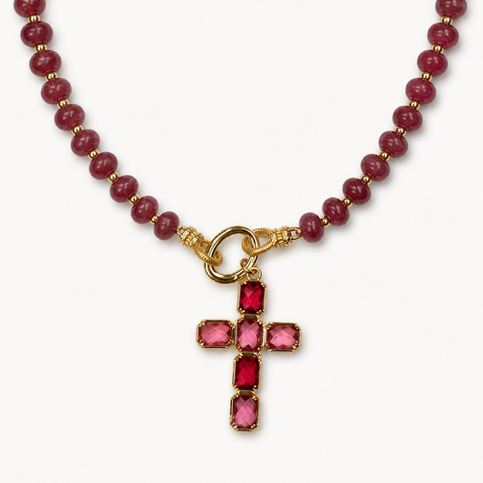 RED BEAD PINK STONE CROSS NECKLACE product image