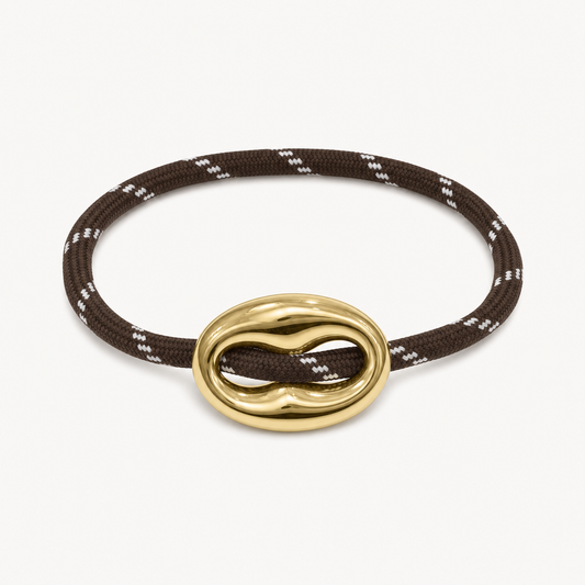 Brown cord bracelet with white flecks and gold link