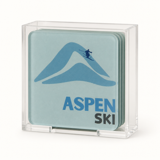 Aspen Ski set of four coasters in clear acrylic holder