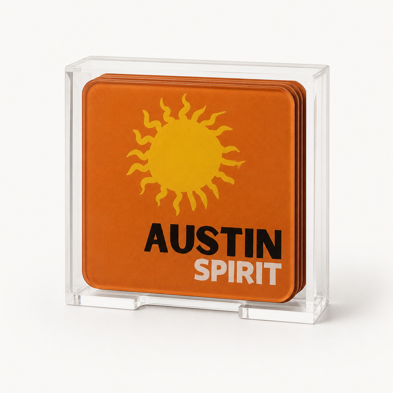 Austin Spirit set of four coasters in clear acrylic holder