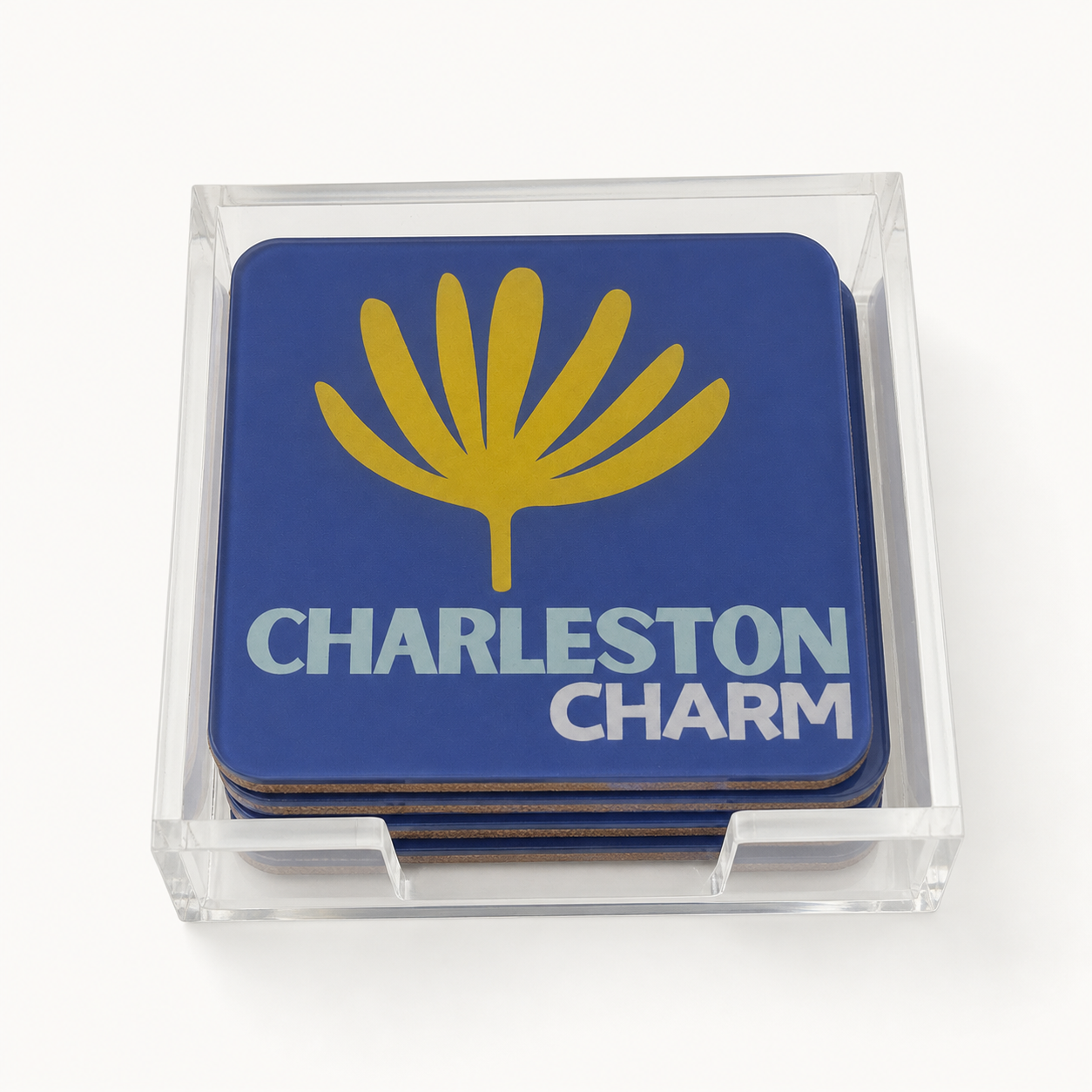Charleston Charm set of four coasters in clear acrylic holder