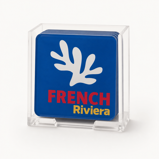French Riviera set of four coasters in clear acrylic holder