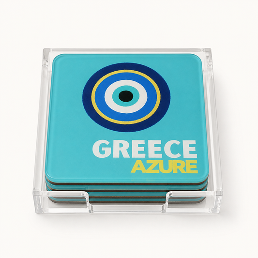 Greece Azure set of four coasters in clear acrylic holder