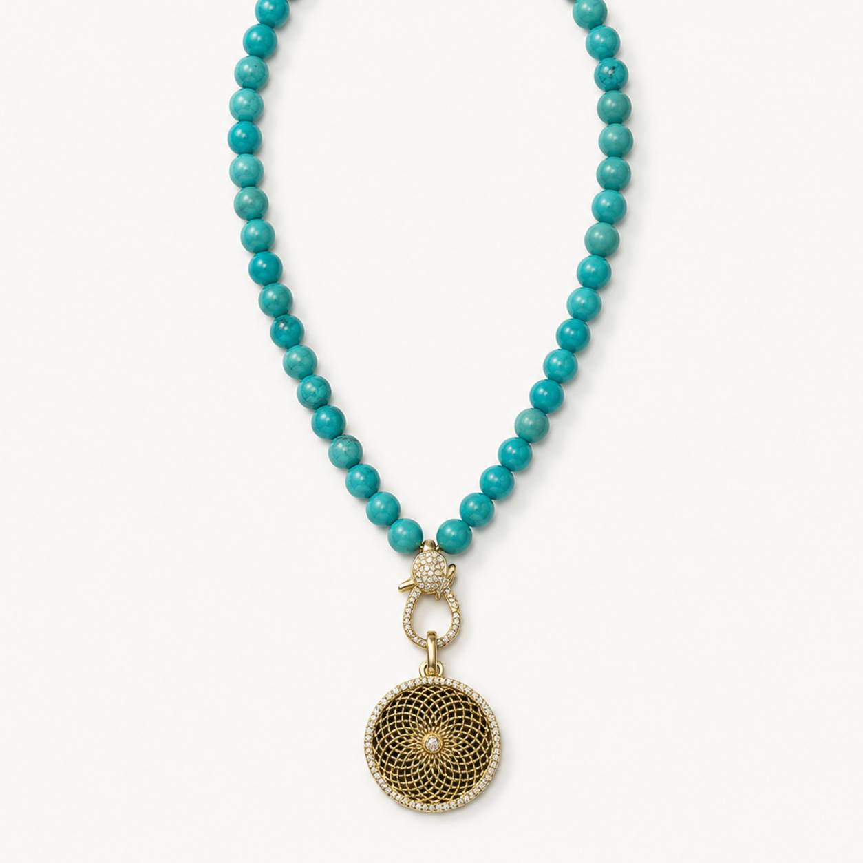 Pendant-focused turquoise bead necklace with round medallion pendant — SKU MRD034
