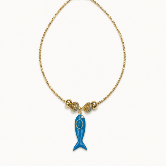 Pendant-focused gold-tone beaded choker with blue fish pendant — SKU MRD041