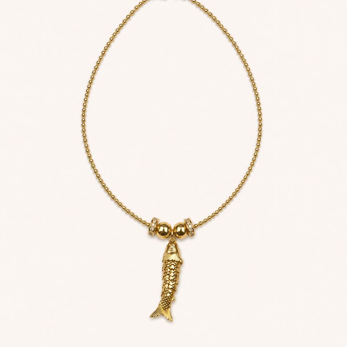 Pendant-focused gold-tone beaded choker with textured fish pendant — SKU MRD041