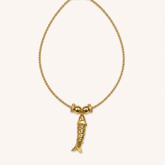 Pendant-focused gold-tone beaded choker with textured fish pendant — SKU MRD041