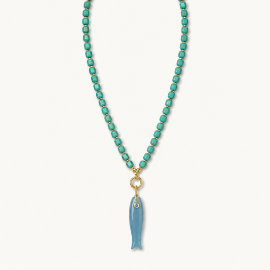 Pendant-focused turquoise square bead necklace with blue fish pendant — SKU MRD633